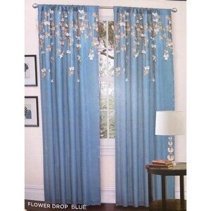 Lush Blue Flower Drop Curtain Panel (2 panels) 42" x 84"